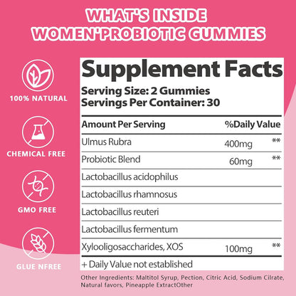 Feminine Vaginal Probiotics Gummies, Supports Ph Balance & Digestive Health, Slippery Elm for Women, Suagr-Free, Veagn, Pineapple Flavor, 60 Count
