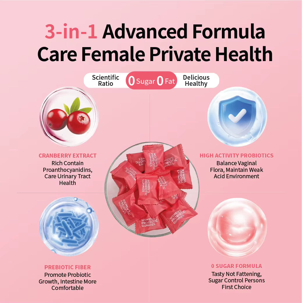 Hot Sales Oem Women'S Probiotic Gummies Feminine Balance Ph Gummies for Healthy Odor with Cranberry Prebiotics Vegan 60 Counts